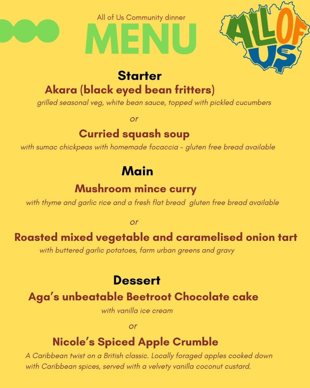 Shows vegan menu for dinner on 24th of September at Ladybarn Cafe